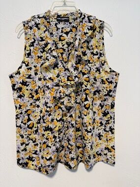Karl Lagerfeld Sleeveless Ruffle V-Neck Floral blouse - Yellow Black White